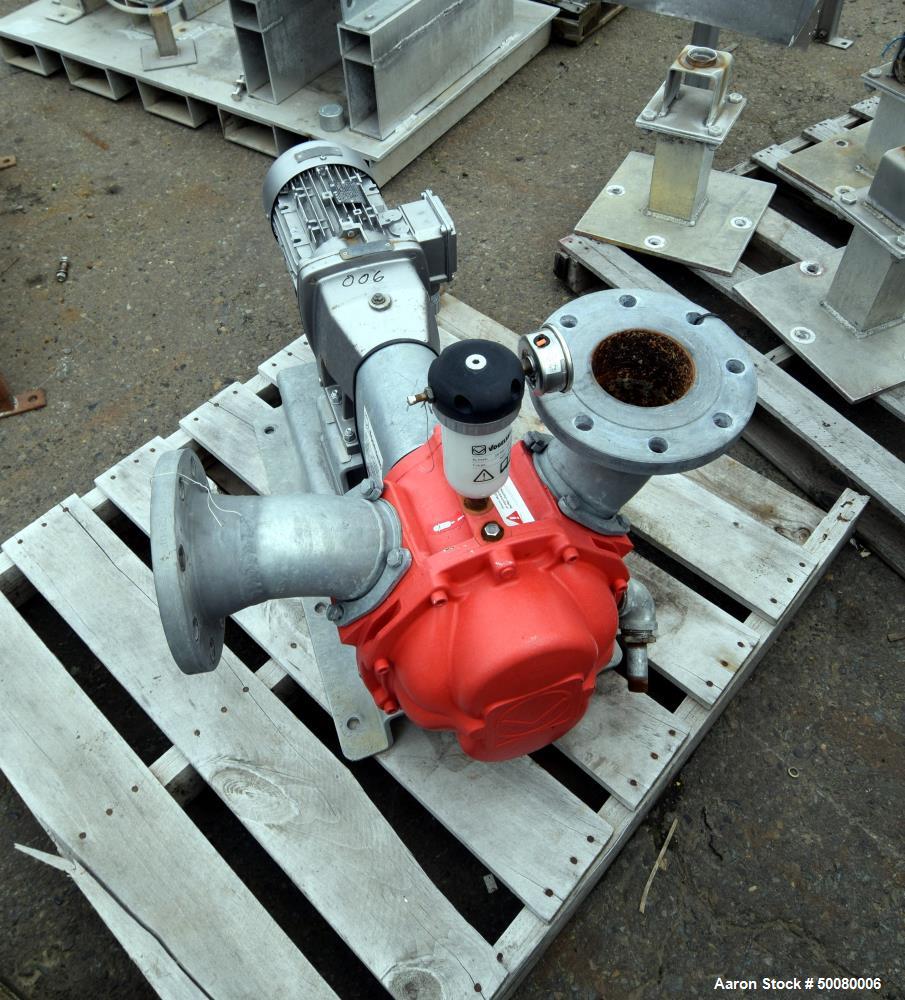 Used Vogelsang Universal Rotary Lobe Pump, Carbon Steel. Approximate 340 gallons per minute. Driven by a 5hp, 3/60/230/460 volt, 1725 rpm gear motor, ratio 5.79 to 1. Base mounted. Serial# 11-06408.