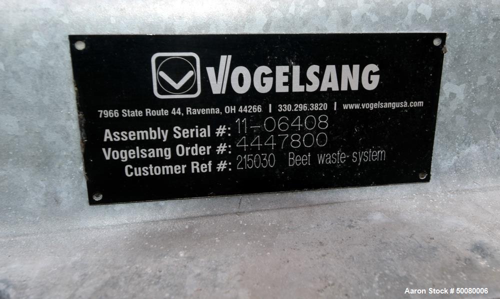 Used Vogelsang Universal Rotary Lobe Pump, Carbon Steel. Approximate 340 gallons per minute. Driven by a 5hp, 3/60/230/460 volt, 1725 rpm gear motor, ratio 5.79 to 1. Base mounted. Serial# 11-06408.