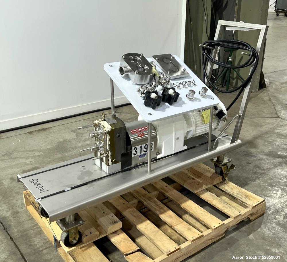 Used APV Crepaco Positive Displacement Pump, Model R3BS. Rated at 36 Gallon Per Minute, 600rpm max speed. (2) 1-1/2" diameter inlet, (2) 2" diameter outlet. Driven by a 5hp, 3/60/230/460 volt, 1725rp...