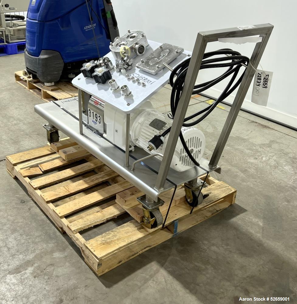 Used APV Crepaco Positive Displacement Pump, Model R3BS. Rated at 36 Gallon Per Minute, 600rpm max speed. (2) 1-1/2" diameter inlet, (2) 2" diameter outlet. Driven by a 5hp, 3/60/230/460 volt, 1725rp...