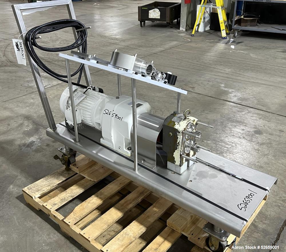 Used APV Crepaco Positive Displacement Pump, Model R3BS. Rated at 36 Gallon Per Minute, 600rpm max speed. (2) 1-1/2" diameter inlet, (2) 2" diameter outlet. Driven by a 5hp, 3/60/230/460 volt, 1725rp...