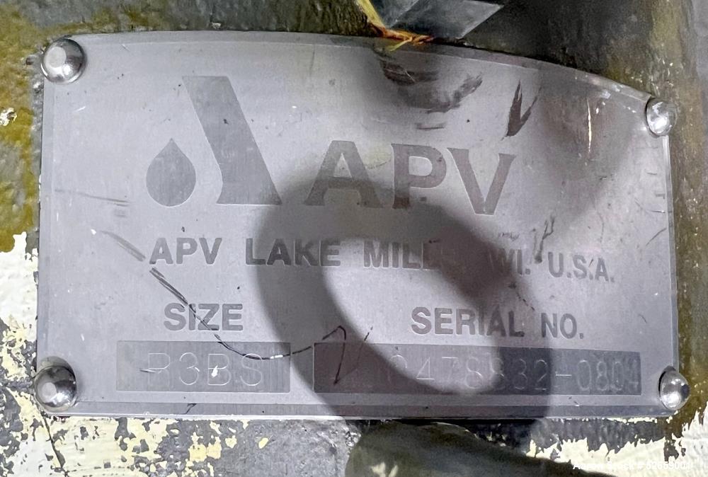 Used APV Crepaco Positive Displacement Pump, Model R3BS. Rated at 36 Gallon Per Minute, 600rpm max speed. (2) 1-1/2" diameter inlet, (2) 2" diameter outlet. Driven by a 5hp, 3/60/230/460 volt, 1725rp...