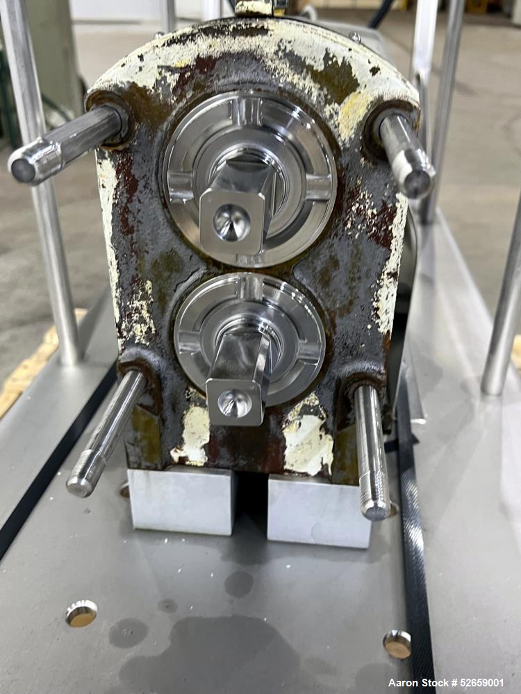 Used APV Crepaco Positive Displacement Pump, Model R3BS. Rated at 36 Gallon Per Minute, 600rpm max speed. (2) 1-1/2" diameter inlet, (2) 2" diameter outlet. Driven by a 5hp, 3/60/230/460 volt, 1725rp...
