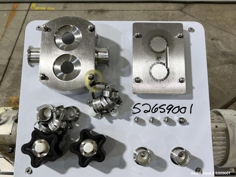 Used APV Crepaco Positive Displacement Pump, Model R3BS. Rated at 36 Gallon Per Minute, 600rpm max speed. (2) 1-1/2" diameter inlet, (2) 2" diameter outlet. Driven by a 5hp, 3/60/230/460 volt, 1725rp...