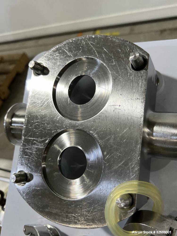 Used APV Crepaco Positive Displacement Pump, Model R3BS. Rated at 36 Gallon Per Minute, 600rpm max speed. (2) 1-1/2" diameter inlet, (2) 2" diameter outlet. Driven by a 5hp, 3/60/230/460 volt, 1725rp...