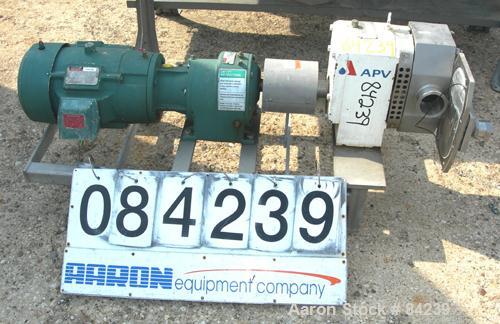 USED: APV rotary positive displacement pump, model R+6BS, 316  stainless steel. Approx 150 gallons per minute capacity, 67.2 cubic inches displacement per revolution. 3" NPT inlet/outlet. (2) Rubber ...