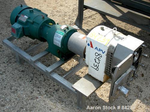 USED: APV rotary positive displacement pump, model R+6BS, 316  stainless steel. Approx 150 gallons per minute capacity, 67.2 cubic inches displacement per revolution. 3" NPT inlet/outlet. (2) Rubber ...