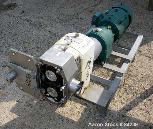USED: APV rotary positive displacement pump, model R+6BS, 316  stainless steel. Approx 150 gallons per minute capacity, 67.2 cubic inches displacement per revolution. 3" NPT inlet/outlet. (2) Rubber ...