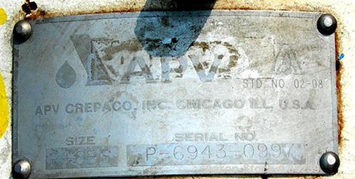 USED: APV rotary positive displacement pump, model R+6BS, 316  stainless steel. Approx 150 gallons per minute capacity, 67.2 cubic inches displacement per revolution. 3" NPT inlet/outlet. (2) Rubber ...