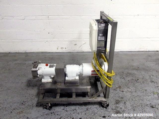 Used Alfa-Laval Rotary Lobe Pump, Type GHPD-432. Stainless steel construction, 1.5" inlet and outlet, with 2 hp, 230/460 volt motor with VFD, on cart, serial# 98-10-8153.