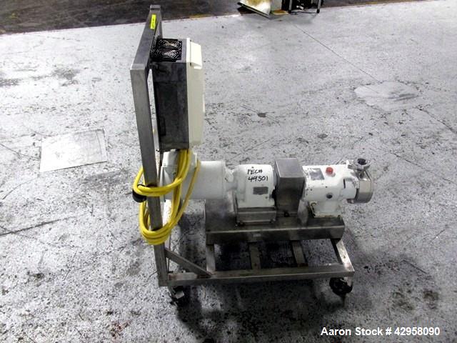 Used Alfa-Laval Rotary Lobe Pump, Type GHPD-432. Stainless steel construction, 1.5" inlet and outlet, with 2 hp, 230/460 volt motor with VFD, on cart, serial# 98-10-8153.