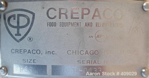 Used CrepacoRotaryPositive DisplacementPump, ModelR3R, 316 Stainless Steel.  Approximately36 gallons per minute at600 rpm.  14.8 Cubic inchesdisplacement per revolution.  1-1/2" sanitary inlet/outlet...