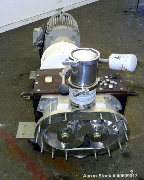 Used Fristam Horizontal Rotary Positive Displacement Pump, Model FKL250, 316 Stainless Steel. Approximate capacity 324 gallons per minute, (0.54) gallon displacement per revolution. 4'' Tri-clamp inl...