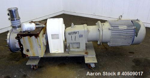 Used Fristam Horizontal Rotary Positive Displacement Pump, Model FKL250, 316 Stainless Steel. Approximate capacity 324 gallons per minute, (0.54) gallon displacement per revolution. 4'' Tri-clamp inl...