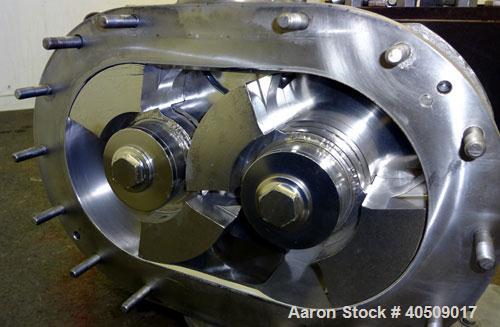 Used Fristam Horizontal Rotary Positive Displacement Pump, Model FKL250, 316 Stainless Steel. Approximate capacity 324 gallons per minute, (0.54) gallon displacement per revolution. 4'' Tri-clamp inl...