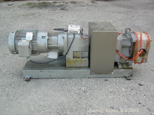 USED: Fristam positive displacement pump, model FLFN-130L, 316 stainless steel. 4" sanitary inlet and outlet. Rated .645 gallons of displacement per revolution. Driven by a 10 hp, 3/60/230/460 volt, ...