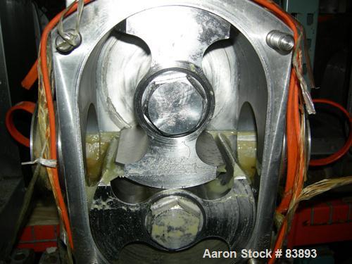 USED: Fristam positive displacement pump, model FLFN-130L, 316 stainless steel. 4" sanitary inlet and outlet. Rated .645 gallons of displacement per revolution. Driven by a 10 hp, 3/60/230/460 volt, ...