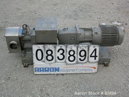 USED: Fristam positive displacement pump, model FLFN11-130L, 316 stainless steel. 4" sanitary inlet and outlet. Rated .645 gallons of displacement per revolution. Driven by a 10 hp, 3/60/230/460 volt...