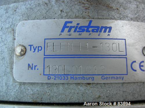 USED: Fristam positive displacement pump, model FLFN11-130L, 316 stainless steel. 4" sanitary inlet and outlet. Rated .645 gallons of displacement per revolution. Driven by a 10 hp, 3/60/230/460 volt...