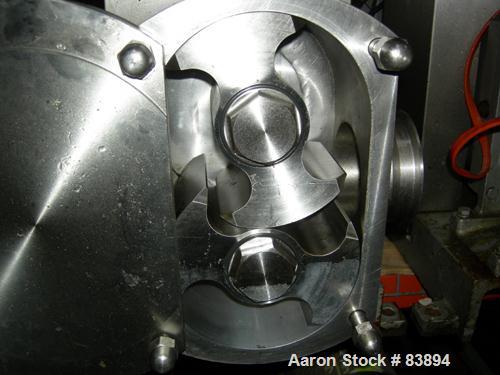 USED: Fristam positive displacement pump, model FLFN11-130L, 316 stainless steel. 4" sanitary inlet and outlet. Rated .645 gallons of displacement per revolution. Driven by a 10 hp, 3/60/230/460 volt...