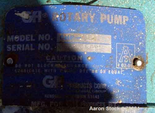 Used GH Products Rotary Positive Displacement Pump, Model GHP-1120, 316 Stainless Steel. 2" tri-clamp inlet/outlet. Approximate capacity 79 gallons per minute, 9.25 gallons per 100 revolutions, (2) 3...