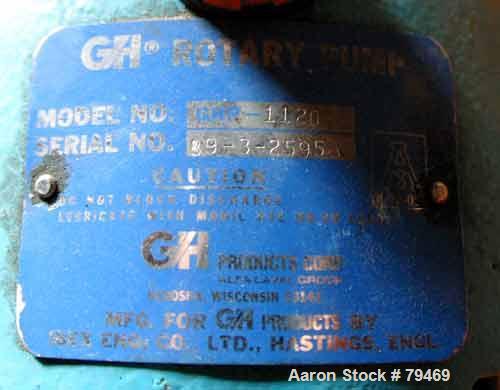 Used GH Products Rotary Positive Displacement Pump, Model GHP-1120, 316 Stainless Steel. 2" tri-clamp inlet/outlet. Approximate capacity 79 gallons per minute, 9.25 gallons per 100 revolutions, (2) 3...