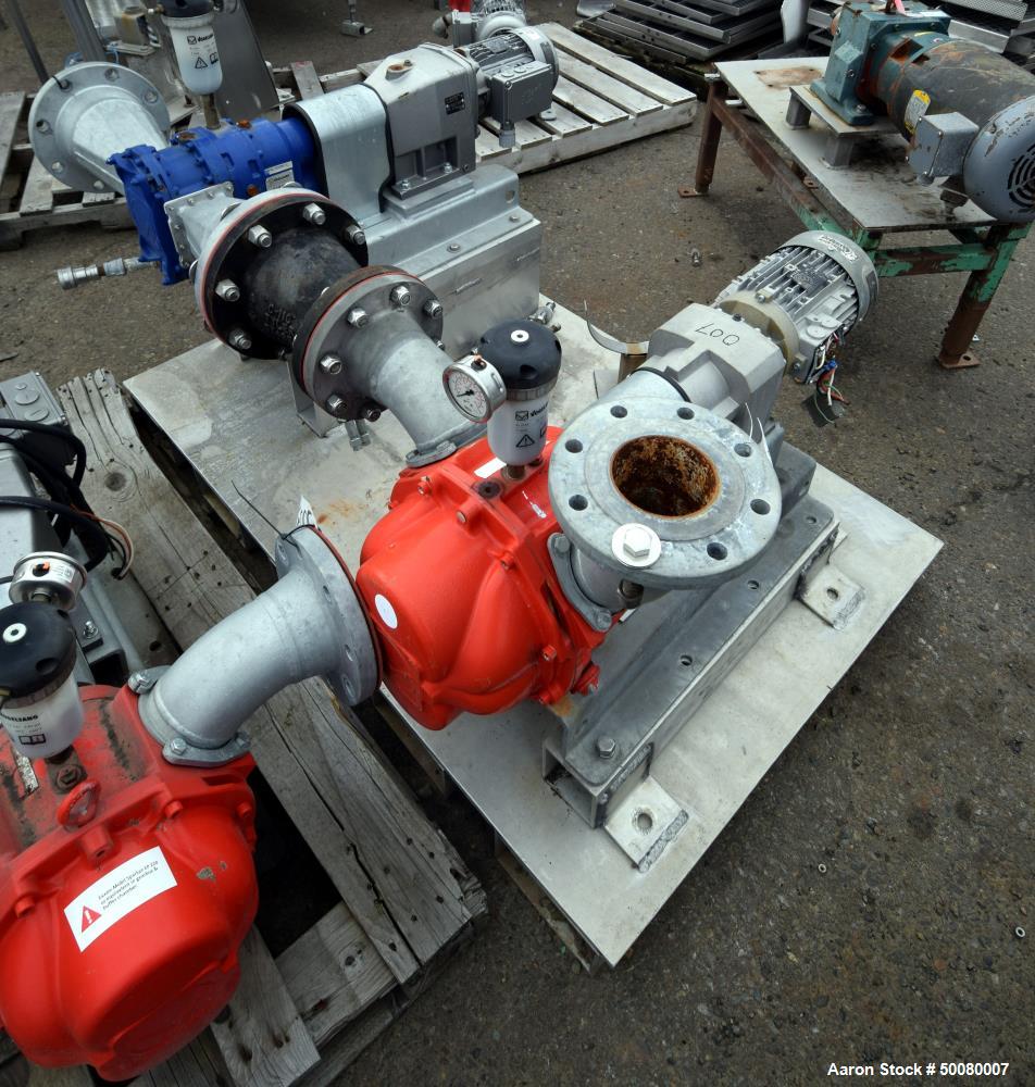 Used Vogelsang Dual Universal Rotary Lobe Pump System, Carbon Steel. Consisting of : (1) Vogelsang IQ112 Universal Rotary Lobe Pump Approximate 340 gallons per minute. Driven by a 5hp, 3/60/230/460 v...