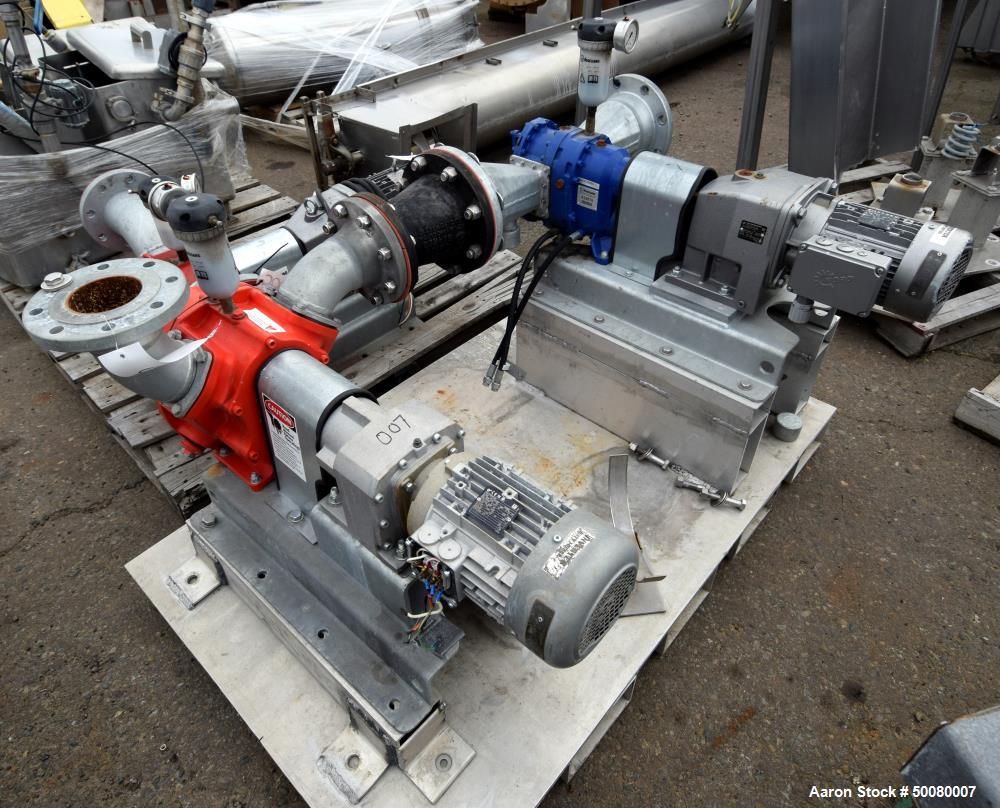 Used Vogelsang Dual Universal Rotary Lobe Pump System, Carbon Steel. Consisting of : (1) Vogelsang IQ112 Universal Rotary Lobe Pump Approximate 340 gallons per minute. Driven by a 5hp, 3/60/230/460 v...