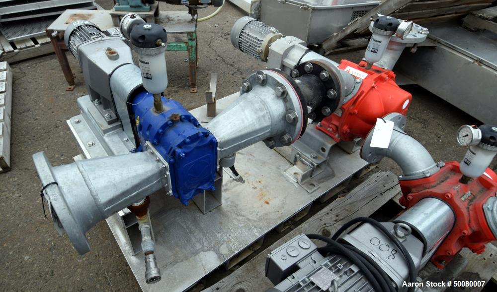 Used Vogelsang Dual Universal Rotary Lobe Pump System, Carbon Steel. Consisting of : (1) Vogelsang IQ112 Universal Rotary Lobe Pump Approximate 340 gallons per minute. Driven by a 5hp, 3/60/230/460 v...