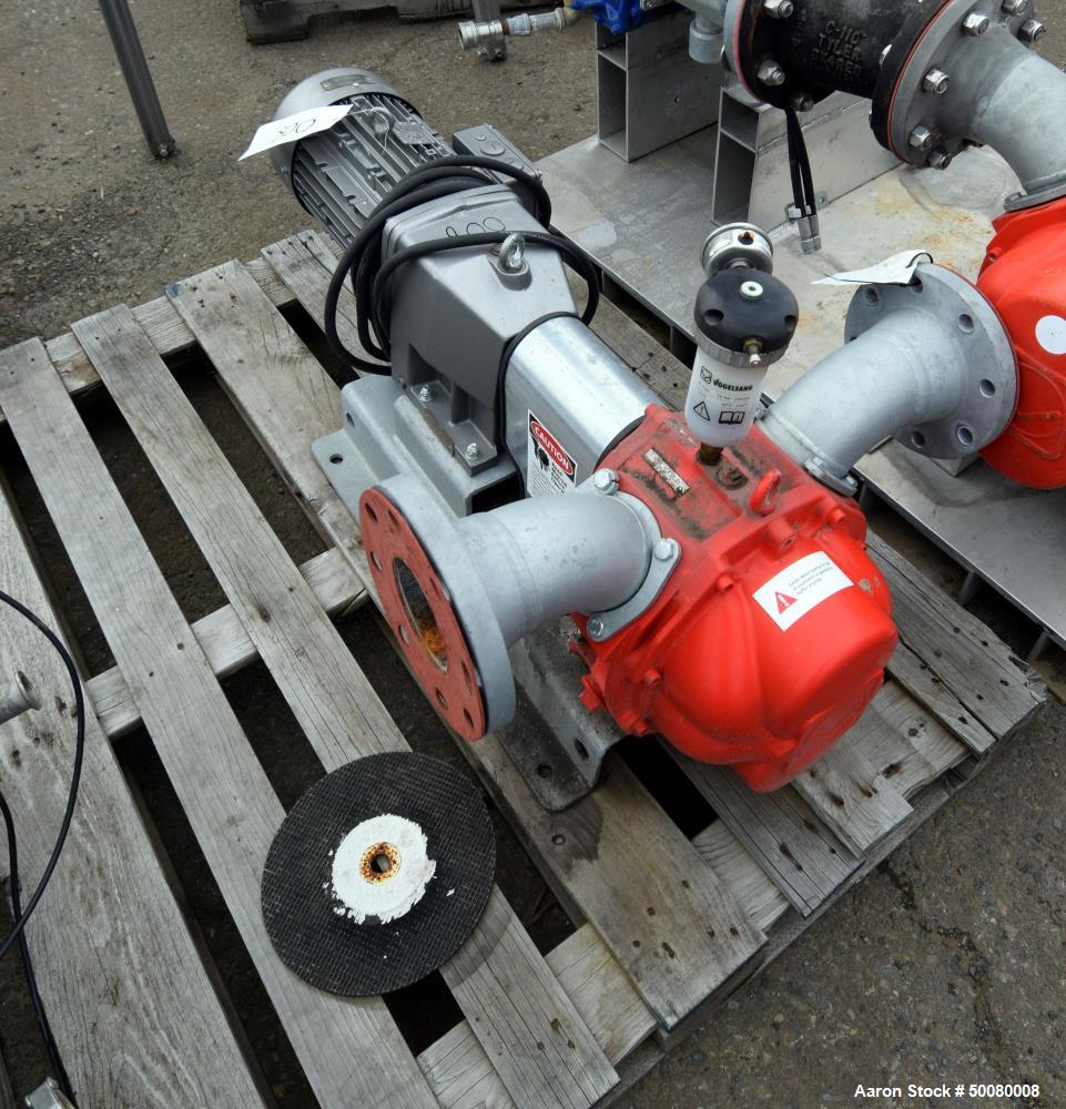 Used Vogelsang IQ112 Universal Rotary Lobe Pump, Carbon Steel. Approximate 340 gallons per minute. Driven by a 5hp, 3/60/230/460 volt, 1755 rpm gear motor, ratio 5.50 to 1. Base mounted.