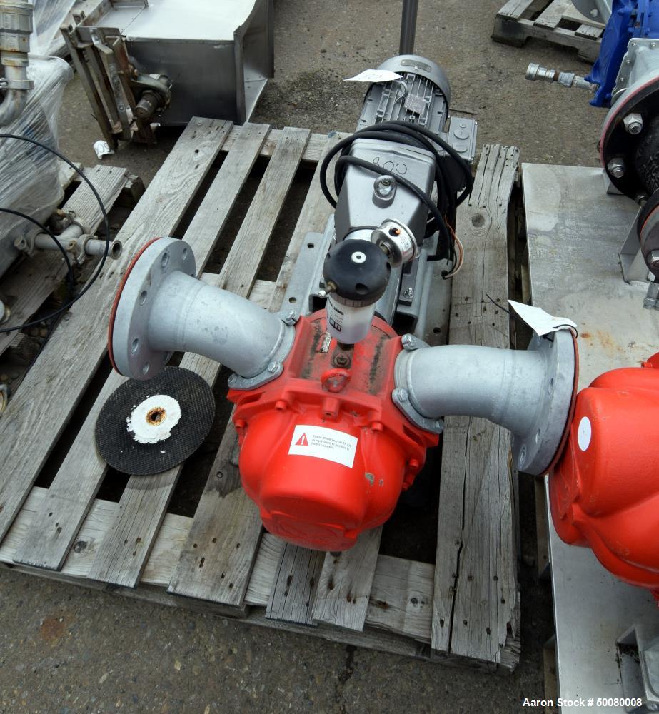 Used Vogelsang IQ112 Universal Rotary Lobe Pump, Carbon Steel. Approximate 340 gallons per minute. Driven by a 5hp, 3/60/230/460 volt, 1755 rpm gear motor, ratio 5.50 to 1. Base mounted.