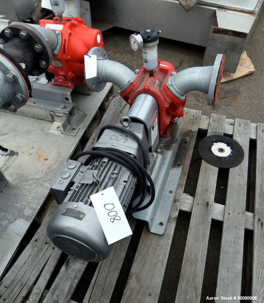 Used Vogelsang IQ112 Universal Rotary Lobe Pump, Carbon Steel. Approximate 340 gallons per minute. Driven by a 5hp, 3/60/230/460 volt, 1755 rpm gear motor, ratio 5.50 to 1. Base mounted.