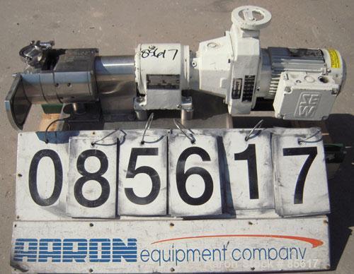 Used Flowtech Unibloc Rotary Positive Displacement Pump, Model 5000, Series 300, 316 Stainless Steel, Horizontal. Approximate 28 gallons per minute capacity. 1" tri-clamp inlet/outlet. (2) 2 lobe sta...