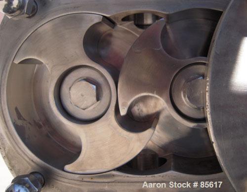 Used Flowtech Unibloc Rotary Positive Displacement Pump, Model 5000, Series 300, 316 Stainless Steel, Horizontal. Approximate 28 gallons per minute capacity. 1" tri-clamp inlet/outlet. (2) 2 lobe sta...