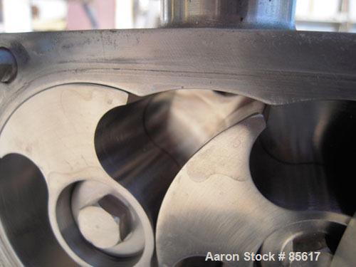 Used Flowtech Unibloc Rotary Positive Displacement Pump, Model 5000, Series 300, 316 Stainless Steel, Horizontal. Approximate 28 gallons per minute capacity. 1" tri-clamp inlet/outlet. (2) 2 lobe sta...