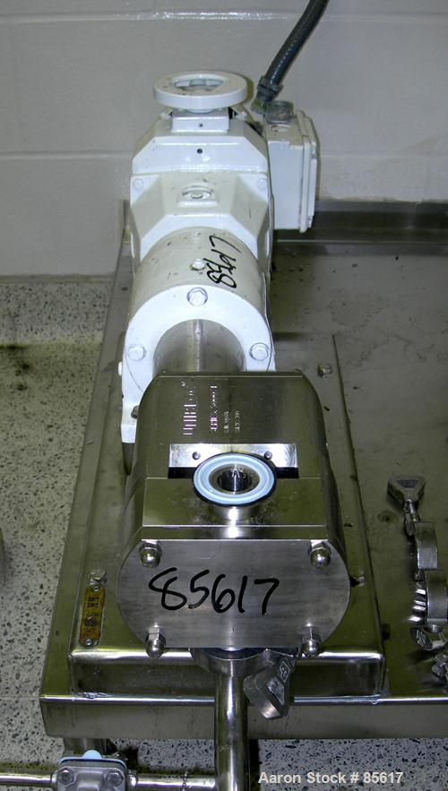 Used Flowtech Unibloc Rotary Positive Displacement Pump, Model 5000, Series 300, 316 Stainless Steel, Horizontal. Approximate 28 gallons per minute capacity. 1" tri-clamp inlet/outlet. (2) 2 lobe sta...