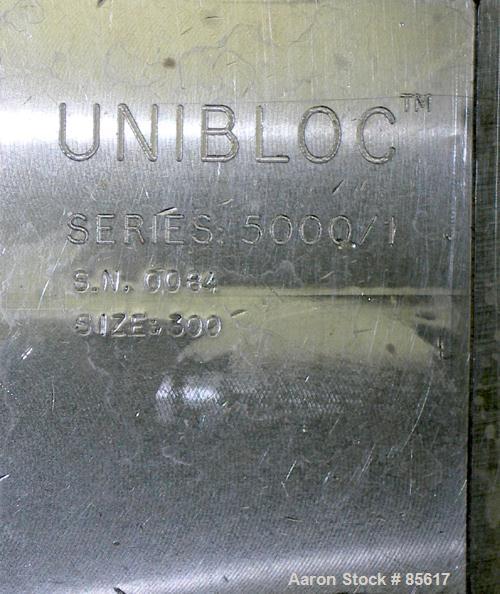 Used Flowtech Unibloc Rotary Positive Displacement Pump, Model 5000, Series 300, 316 Stainless Steel, Horizontal. Approximate 28 gallons per minute capacity. 1" tri-clamp inlet/outlet. (2) 2 lobe sta...