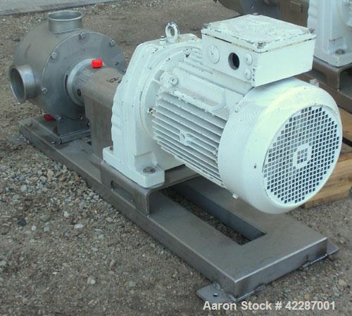 Used Sine Ecosine Sanitary Rotary Positive Displacement Pump, model EC40WVVTKS460, 316 stainless steel. 4" tri-clamp inlet/outlet. (1) Single rotor, approximately 138 gallons per minute, 0.23 gallons...