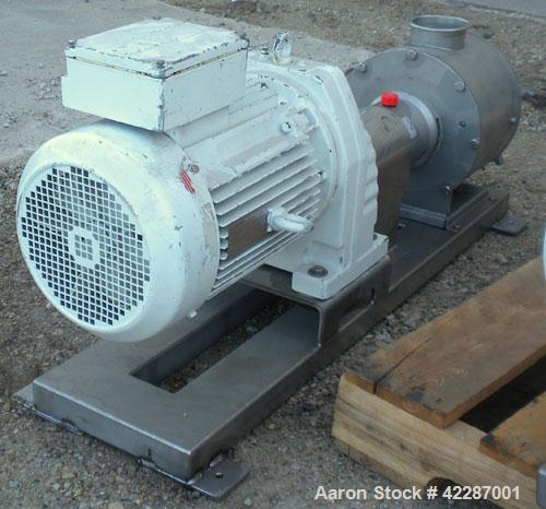 Used Sine Ecosine Sanitary Rotary Positive Displacement Pump, model EC40WVVTKS460, 316 stainless steel. 4" tri-clamp inlet/outlet. (1) Single rotor, approximately 138 gallons per minute, 0.23 gallons...