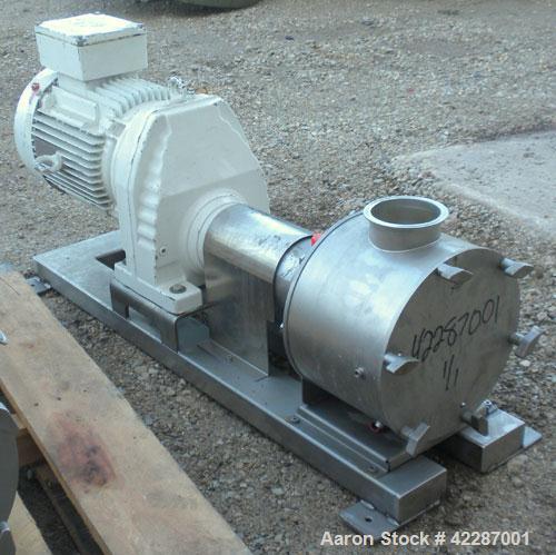 Used Sine Ecosine Sanitary Rotary Positive Displacement Pump, model EC40WVVTKS460, 316 stainless steel. 4" tri-clamp inlet/outlet. (1) Single rotor, approximately 138 gallons per minute, 0.23 gallons...