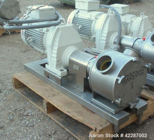 Used Sine Ecosine Sanitary Rotary Positive Displacement Pump, model EC40WVVTKS460, 316 stainless steel. 4" tri-clamp inlet/outlet. (1) Single rotor, approximately 138 gallons per minute, 0.23 gallons...