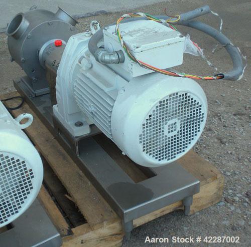 Used Sine Ecosine Sanitary Rotary Positive Displacement Pump, model EC40WVVTKS460, 316 stainless steel. 4" tri-clamp inlet/outlet. (1) Single rotor, approximately 138 gallons per minute, 0.23 gallons...