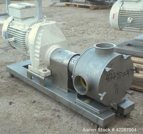 Used Sine Ecosine Sanitary Rotary Positive Displacement Pump, model EC40WVVTKS460, 316 stainless steel. 4" tri-clamp inlet/outlet. (1) Single rotor, approximately 138 gallons per minute, 0.23 gallons...