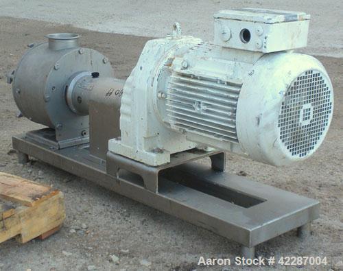 Used Sine Ecosine Sanitary Rotary Positive Displacement Pump, model EC40WVVTKS460, 316 stainless steel. 4" tri-clamp inlet/outlet. (1) Single rotor, approximately 138 gallons per minute, 0.23 gallons...