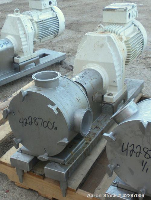 Used Sine Ecosine Sanitary Rotary Positive Displacement Pump, model EC40WVVTKS460, 316 stainless steel. 4" tri-clamp inlet/outlet. (1) Single rotor, approximately 138 gallons per minute, 0.23 gallons...
