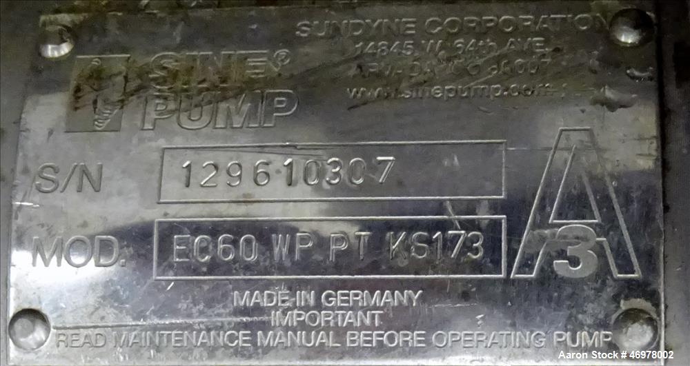Used Sine Ecosine Sanitary Rotary Positive Displacement Pump, Model EC60WPPTKS173, 316 Stainless Steel. 6" Tri-clamp inlet/outlet. (1) Single rotor, approximately 552 gallons per minute, (.92) gallon...