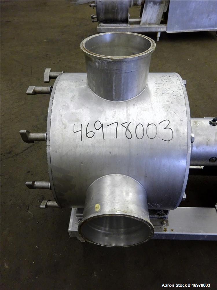 Used Sine Ecosine Sanitary Rotary Positive Displacement Pump, Model EC60WPPTKS173, 316 Stainless Steel. 6" Tri-clamp inlet/outlet. (1) Single rotor, approximately 552 gallons per minute, (.92) gallon...