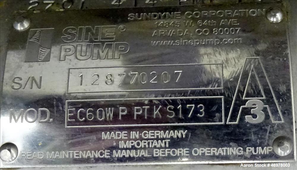 Used Sine Ecosine Sanitary Rotary Positive Displacement Pump, Model EC60WPPTKS173, 316 Stainless Steel. 6" Tri-clamp inlet/outlet. (1) Single rotor, approximately 552 gallons per minute, (.92) gallon...