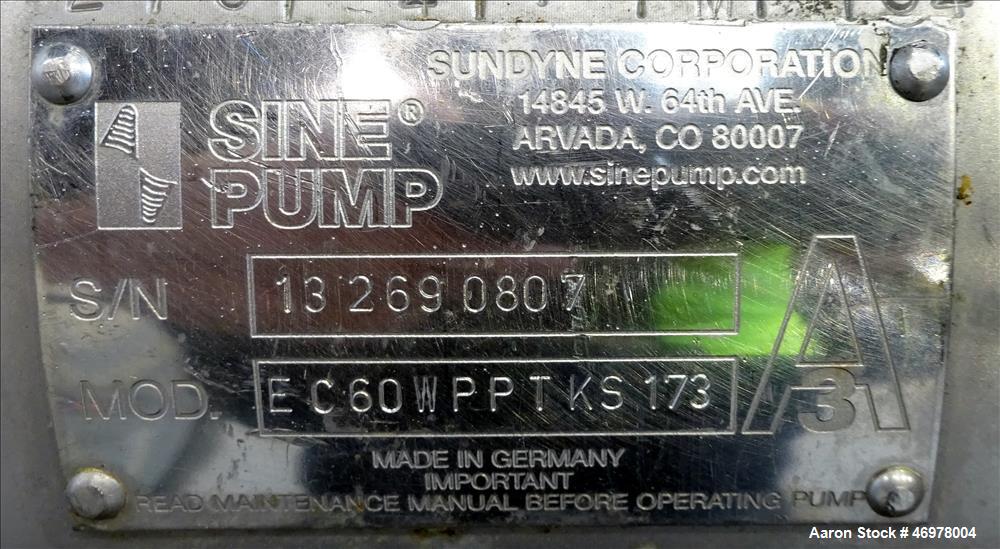 Used Sine Ecosine Sanitary Rotary Positive Displacement Pump, Model EC60WPPTKS173, 316 Stainless Steel. 6" Tri-clamp inlet/outlet. (1) Single rotor, approximately 552 gallons per minute, (.92) gallon...