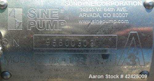 Used Sine Rotary Positive Displacement Pump, Model MR-125, 316 Stainless Steel. 2-1/2" Tri-clamp inlet/outlet. (1) Single rotor, approximately 25 gallons per minute at 400 rpm at 75 psi. .06 Gallons ...